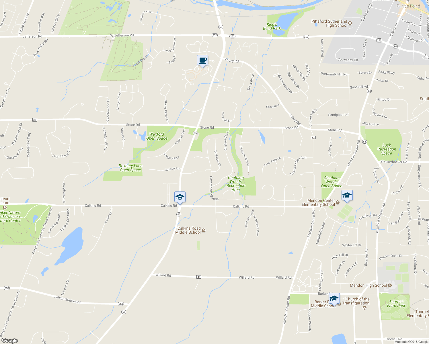 map of restaurants, bars, coffee shops, grocery stores, and more near 46 Bishops Court in Pittsford