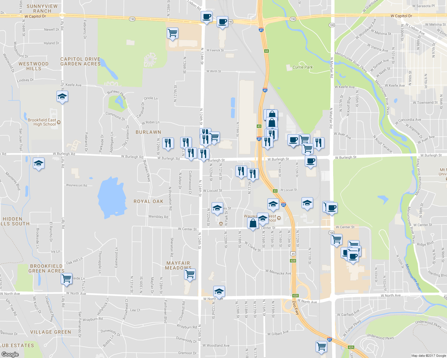 map of restaurants, bars, coffee shops, grocery stores, and more near 2956 North 121st Street in Wauwatosa