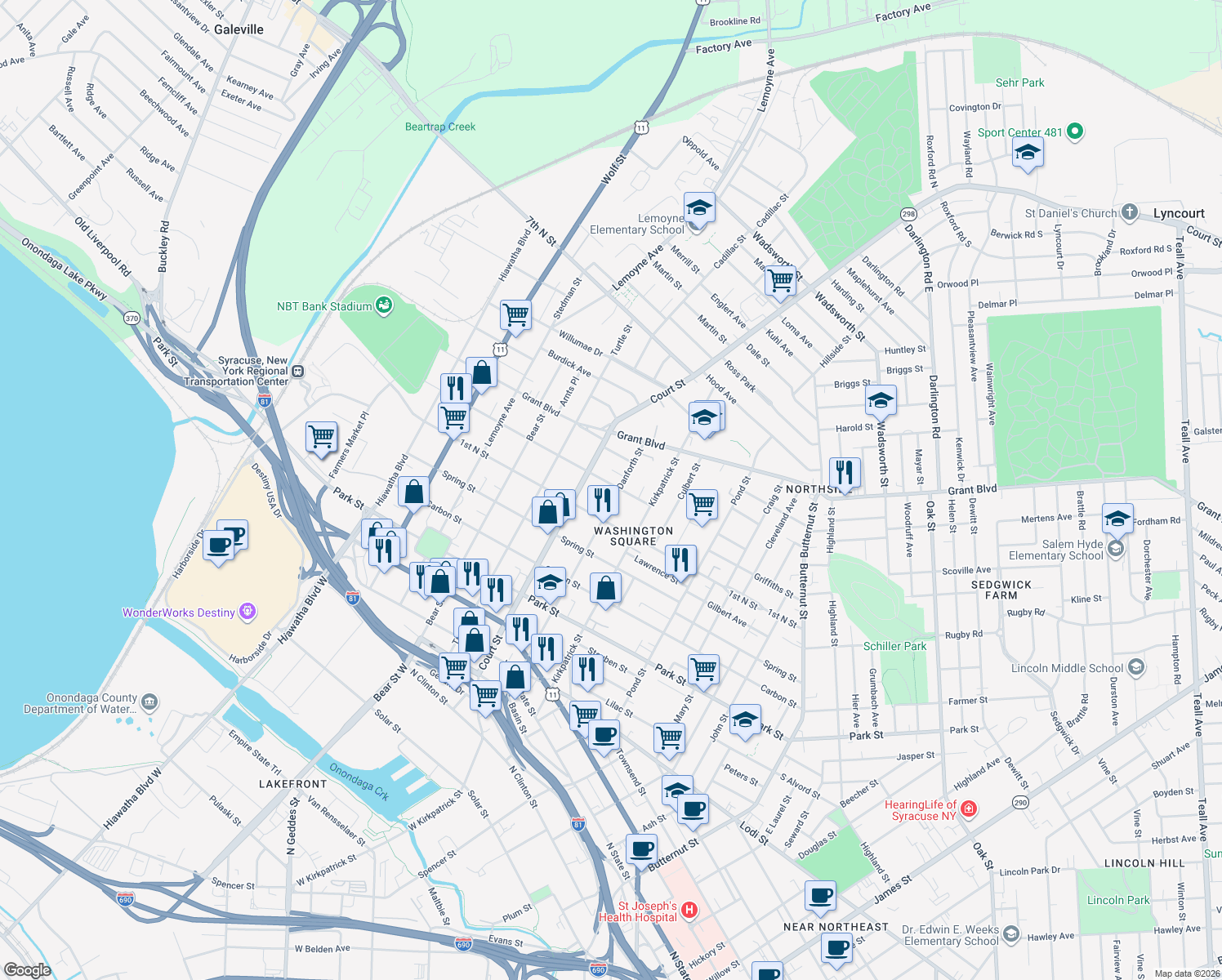 map of restaurants, bars, coffee shops, grocery stores, and more near 919 Danforth St in Syracuse