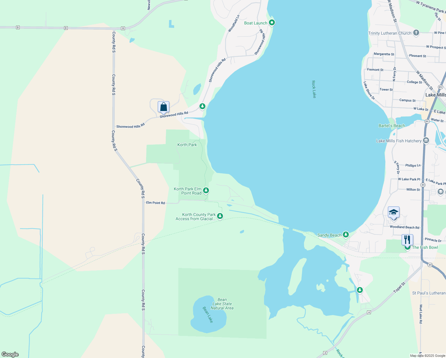 map of restaurants, bars, coffee shops, grocery stores, and more near N6286 Korth Highlands Road in Lake Mills