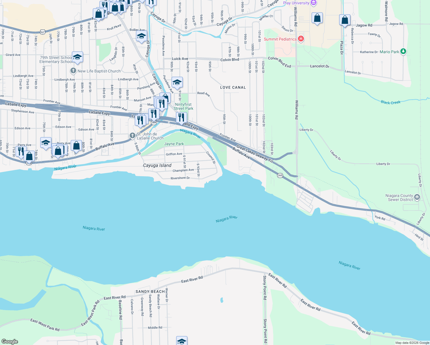 map of restaurants, bars, coffee shops, grocery stores, and more near 9362 Rivershore Dr in Niagara Falls