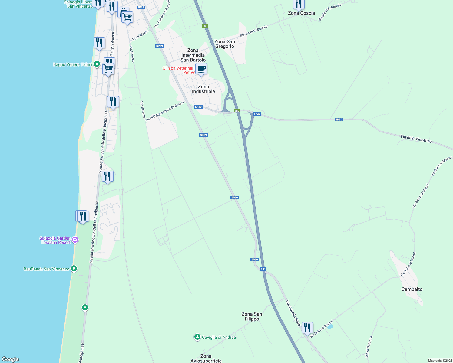 map of restaurants, bars, coffee shops, grocery stores, and more near 23 SP39 in Provincia di Livorno