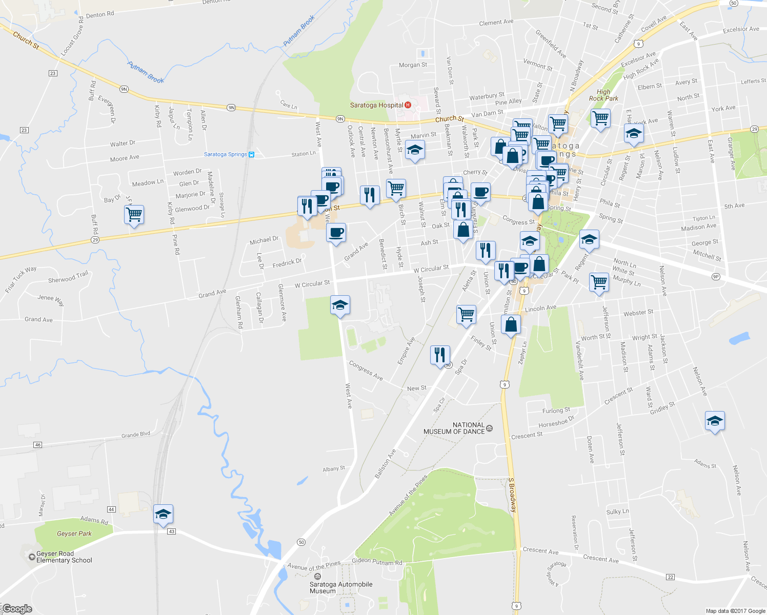 map of restaurants, bars, coffee shops, grocery stores, and more near 1 Blue Streak Boulevard in Saratoga Springs