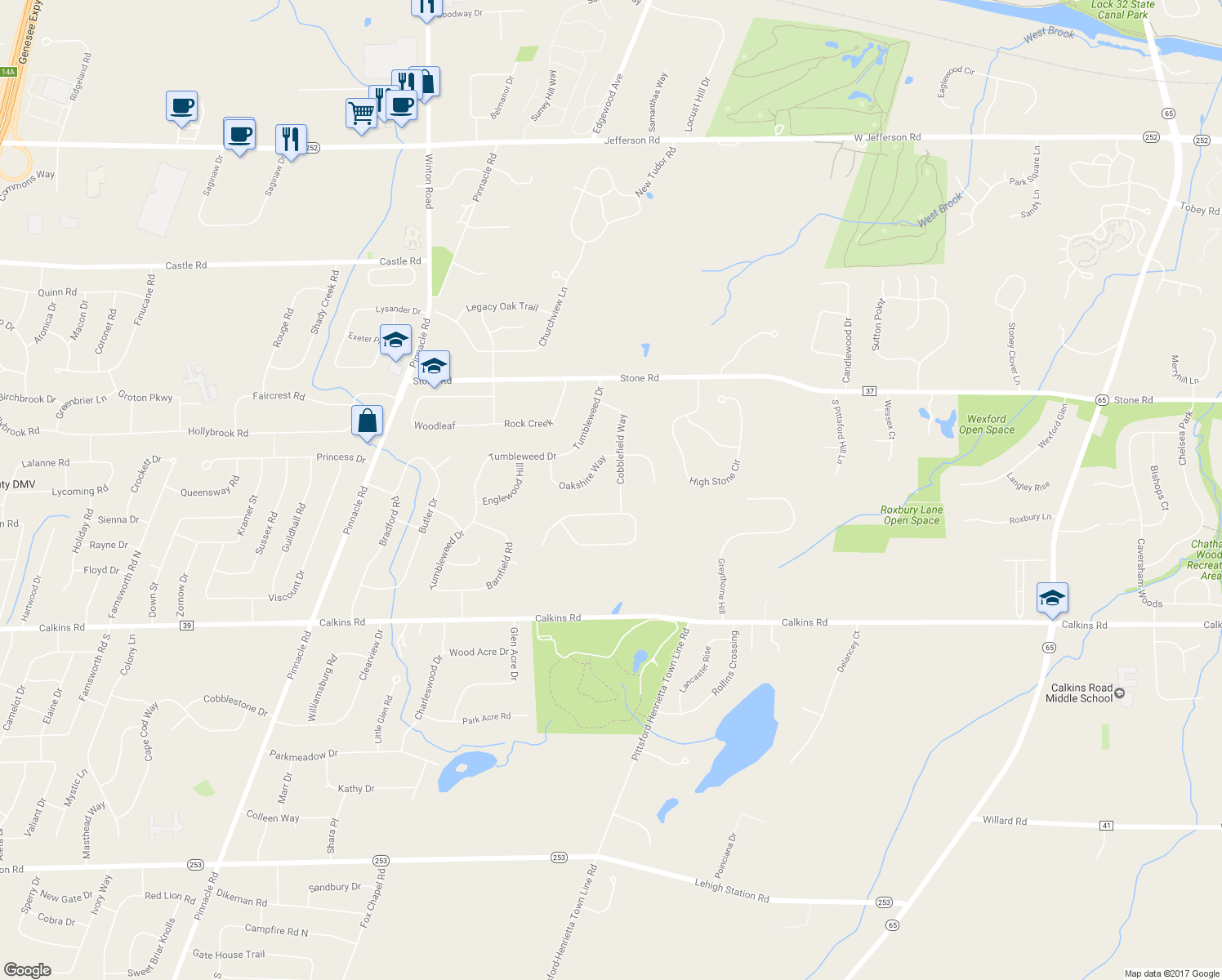 map of restaurants, bars, coffee shops, grocery stores, and more near 89 Cobblefield Way in Pittsford