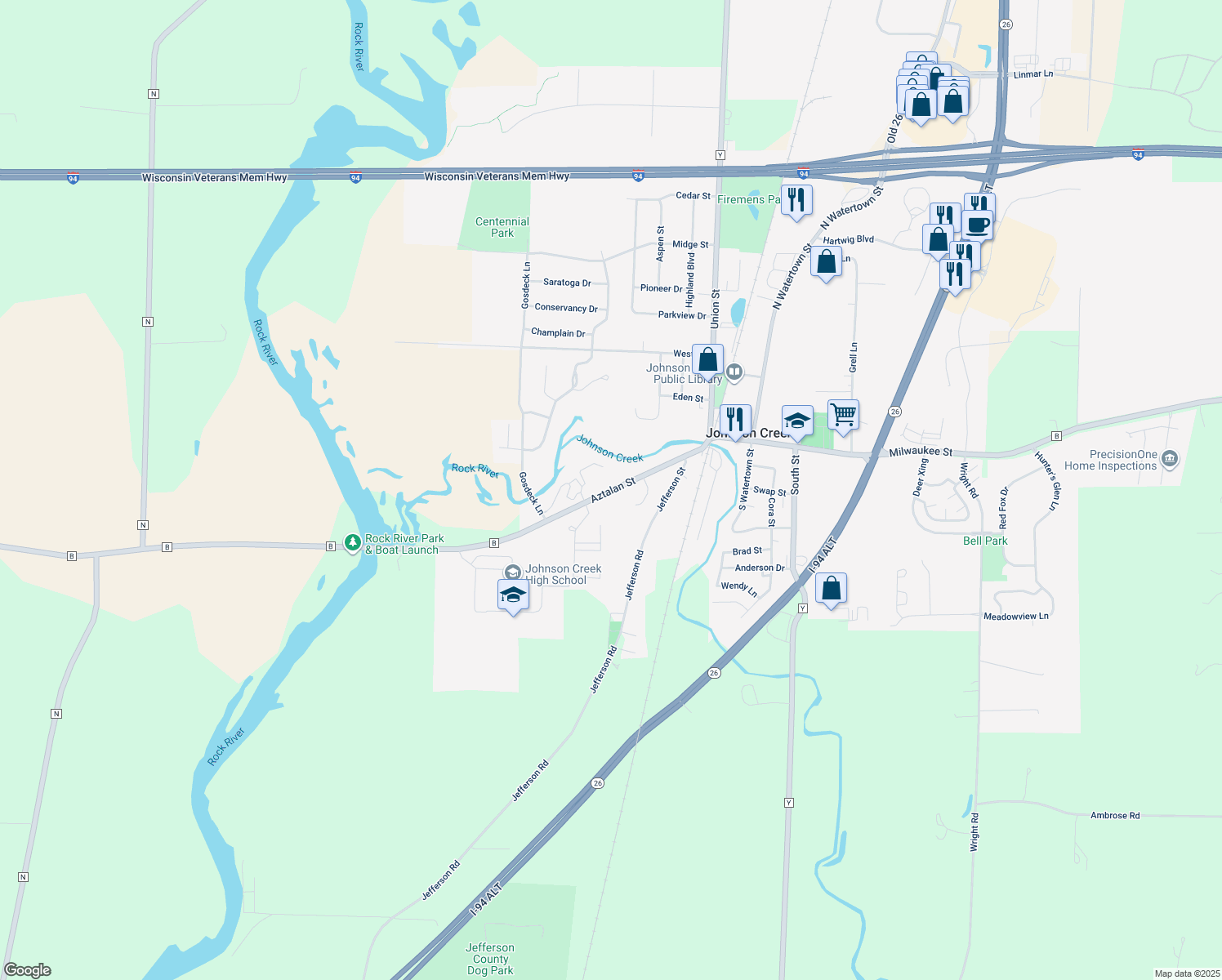 map of restaurants, bars, coffee shops, grocery stores, and more near Aztalan St in Johnson Creek