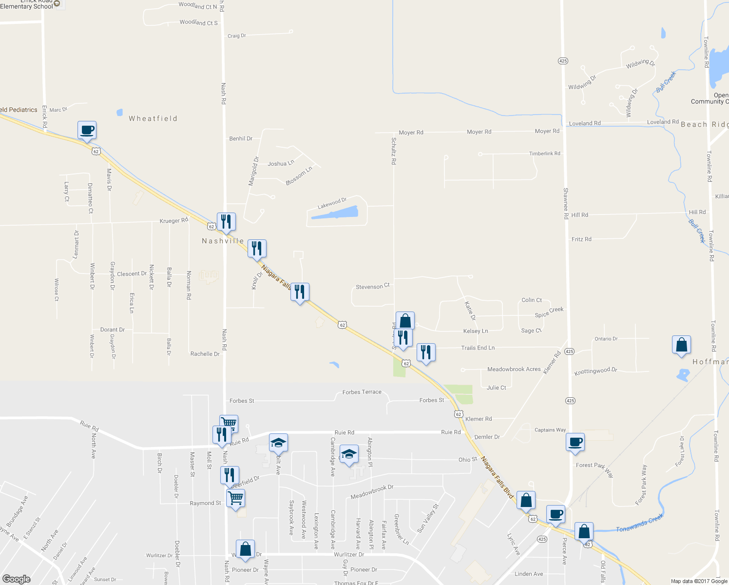 map of restaurants, bars, coffee shops, grocery stores, and more near 3486 Stevenson Court in North Tonawanda