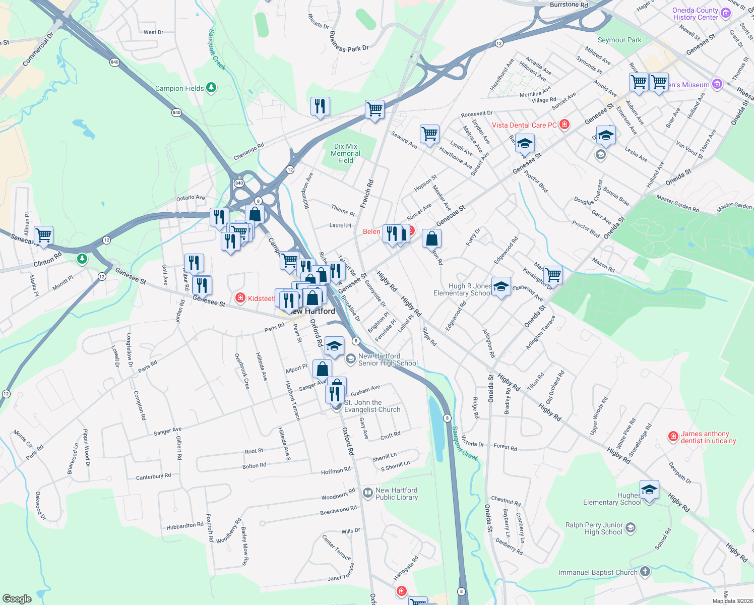 map of restaurants, bars, coffee shops, grocery stores, and more near 20 Sunnyside Dr in Utica
