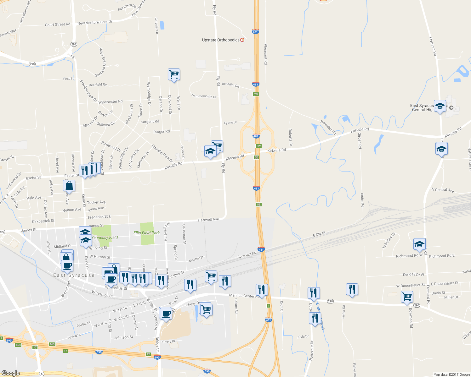 map of restaurants, bars, coffee shops, grocery stores, and more near 6260 Fly Road in East Syracuse