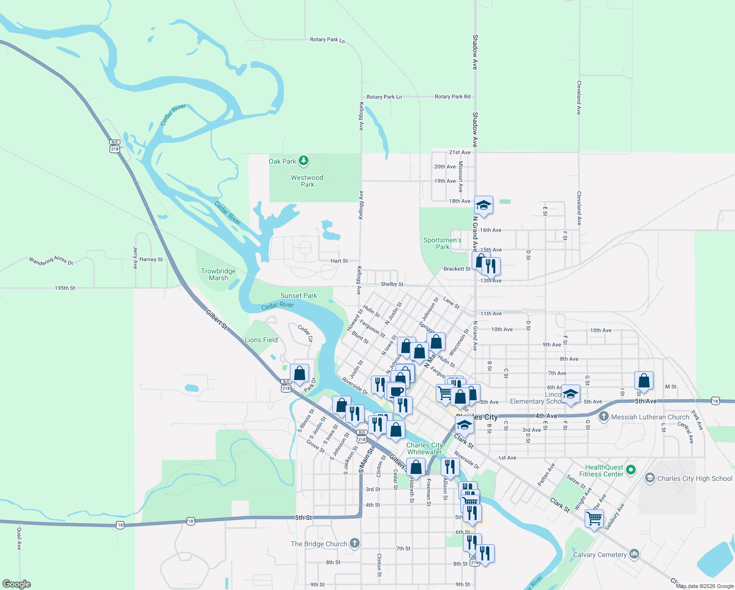 map of restaurants, bars, coffee shops, grocery stores, and more near 605 Howard Street in Charles City