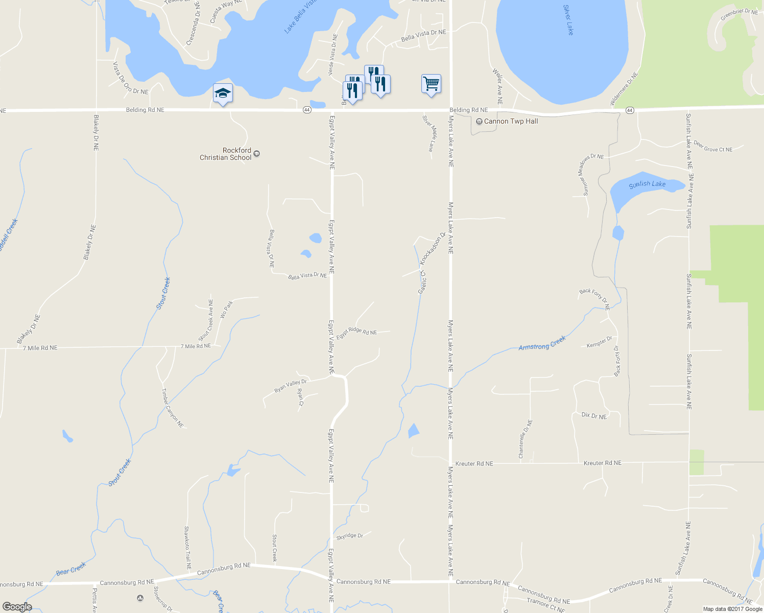 map of restaurants, bars, coffee shops, grocery stores, and more near 6120 Egypt Forest Road Northeast in Rockford