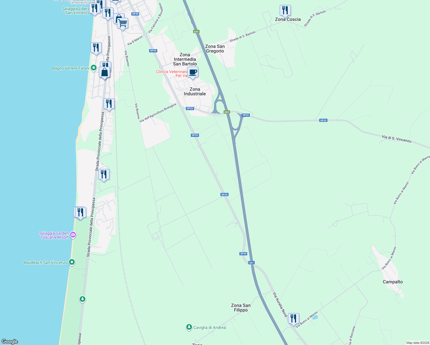 map of restaurants, bars, coffee shops, grocery stores, and more near 23 SP39 in Provincia di Livorno