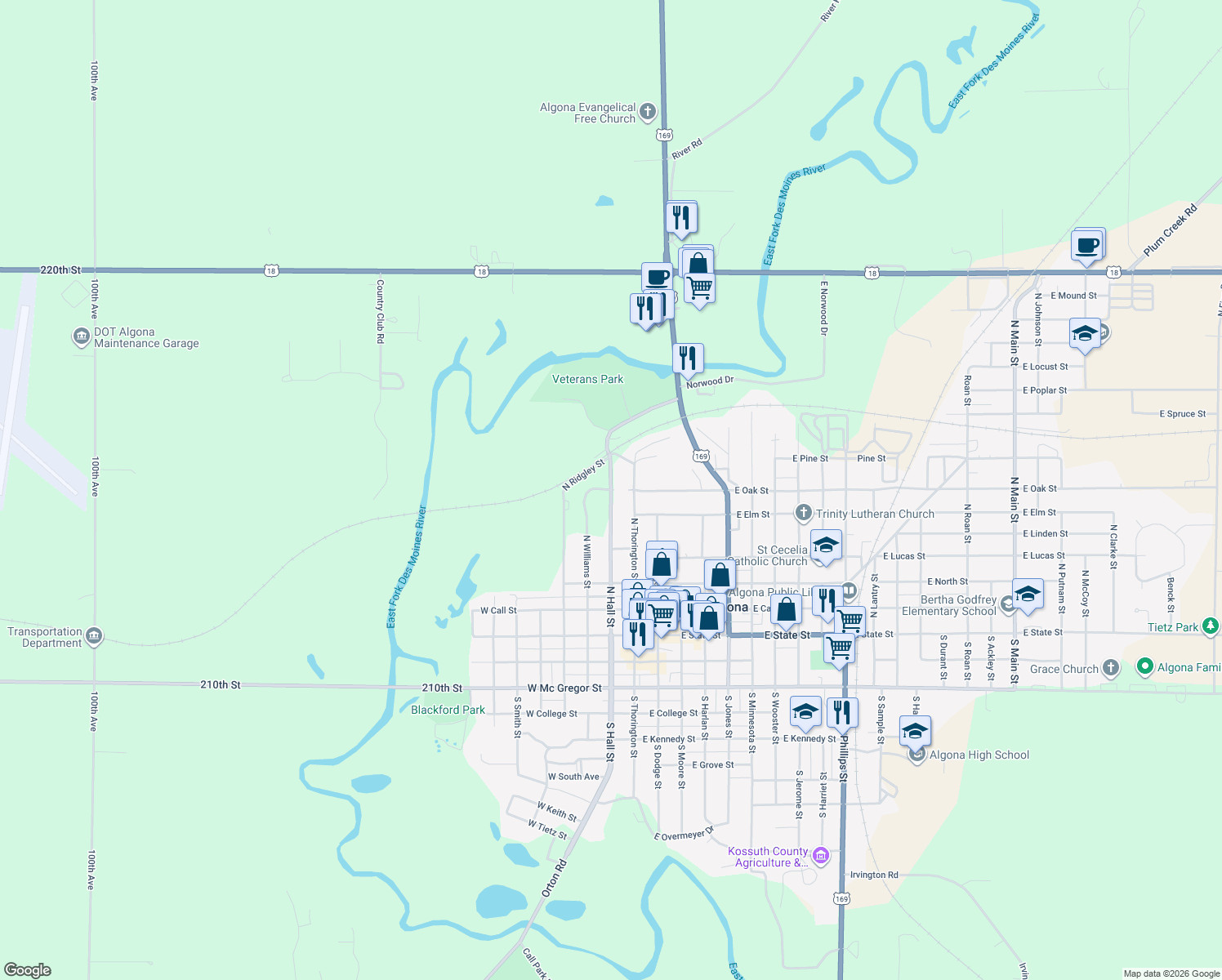map of restaurants, bars, coffee shops, grocery stores, and more near 598 N Hall St in Algona