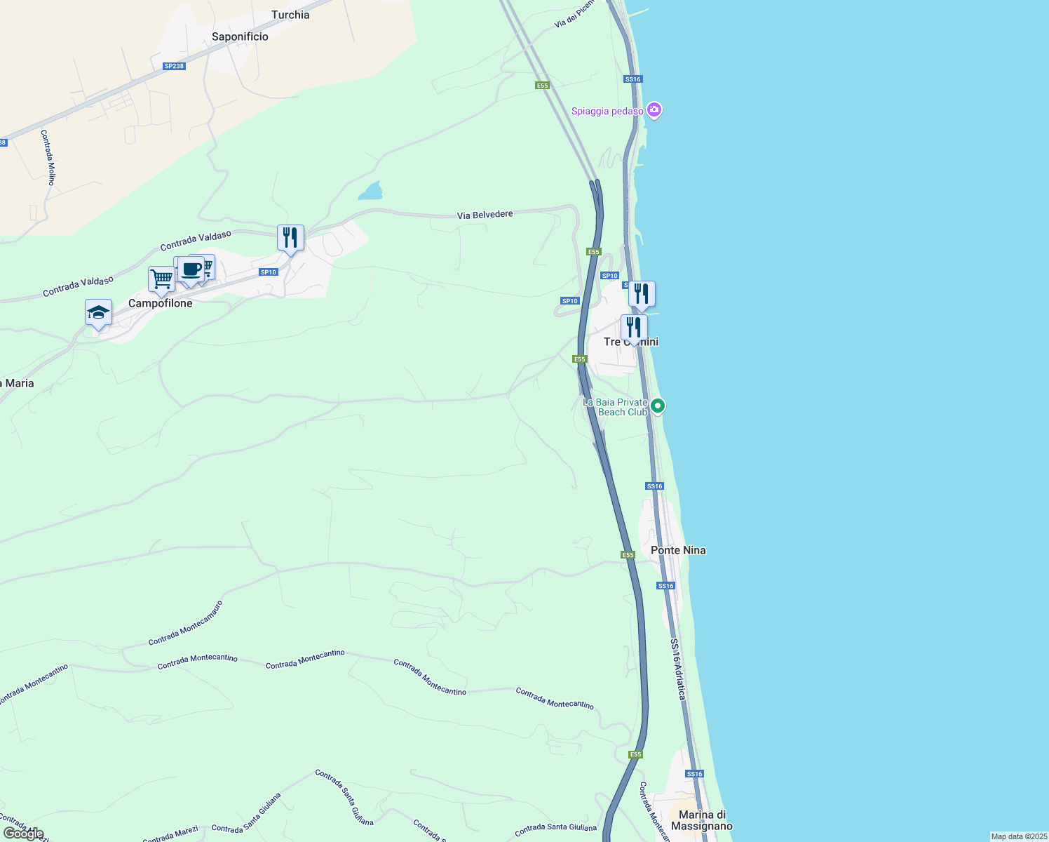 map of restaurants, bars, coffee shops, grocery stores, and more near 38 Contrada Marina in Provincia di Fermo