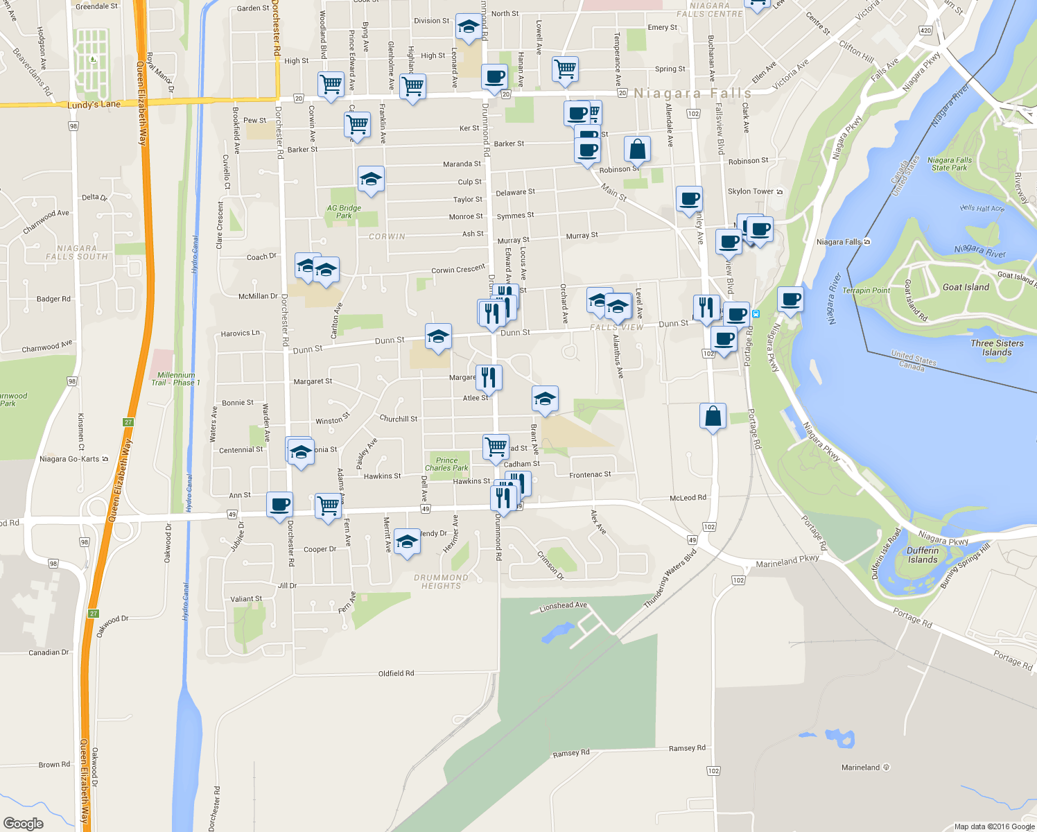 map of restaurants, bars, coffee shops, grocery stores, and more near 6136 Churchill Street in Niagara Falls