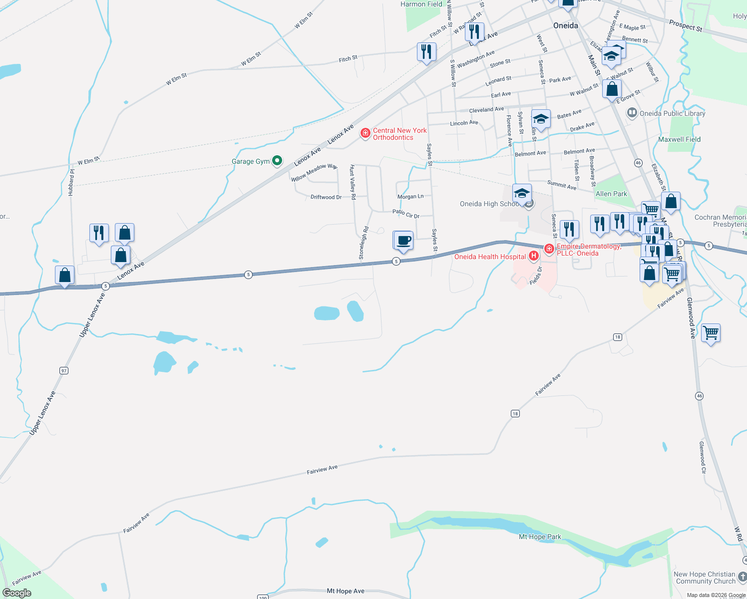 map of restaurants, bars, coffee shops, grocery stores, and more near 616 Deerfield Dr in Oneida