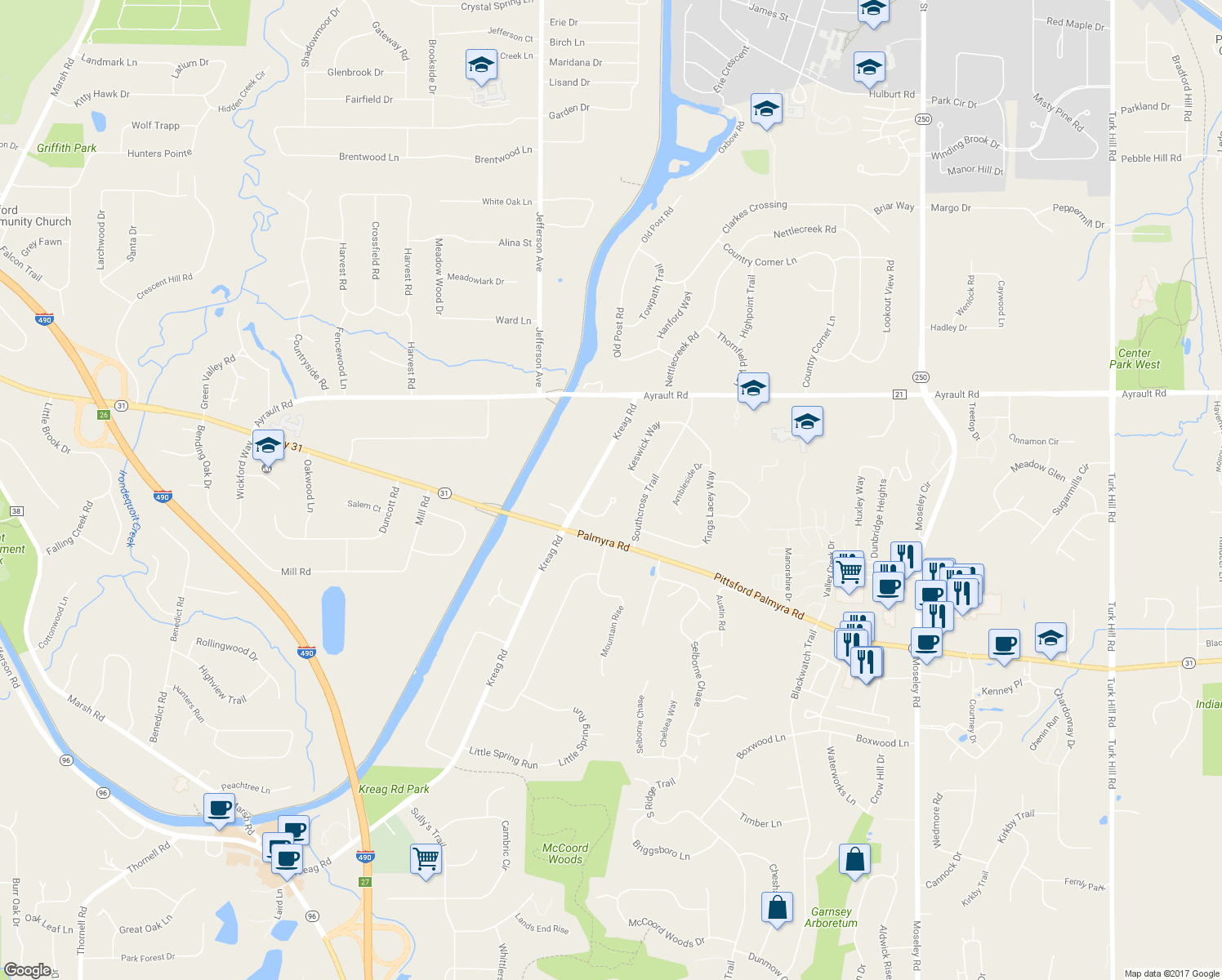 map of restaurants, bars, coffee shops, grocery stores, and more near 12 Autumn Blaze Trail in Fairport