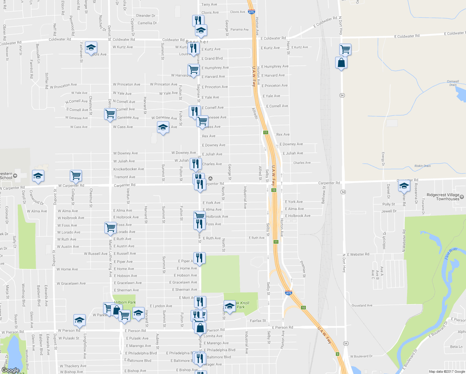 map of restaurants, bars, coffee shops, grocery stores, and more near 906 East Carpenter Road in Flint