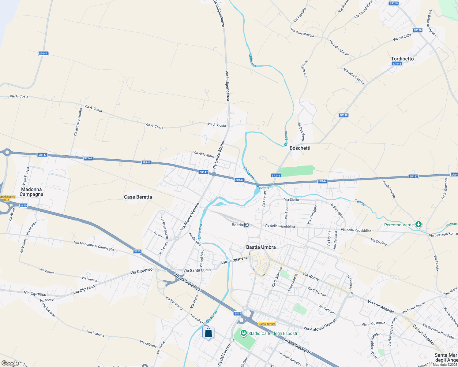 map of restaurants, bars, coffee shops, grocery stores, and more near 97 Via Bastiola in Bastia Umbra