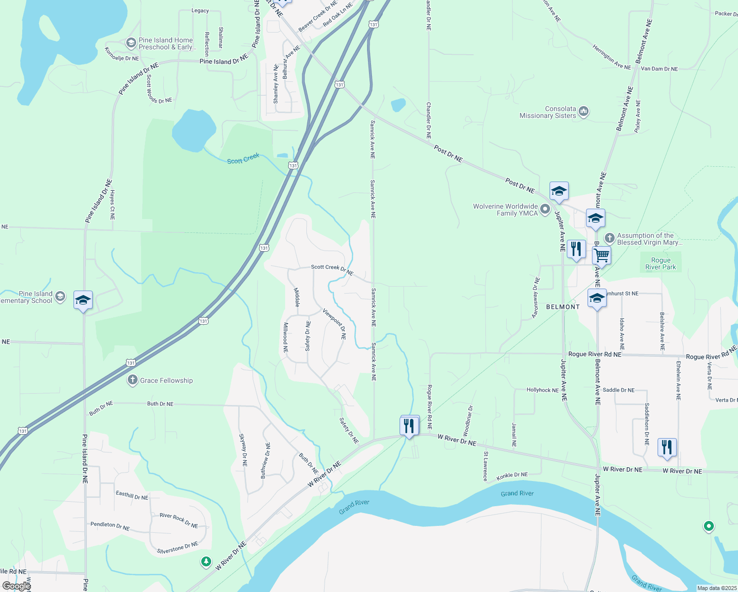 map of restaurants, bars, coffee shops, grocery stores, and more near 1589 Irmamax Court Northeast in Plainfield charter Township