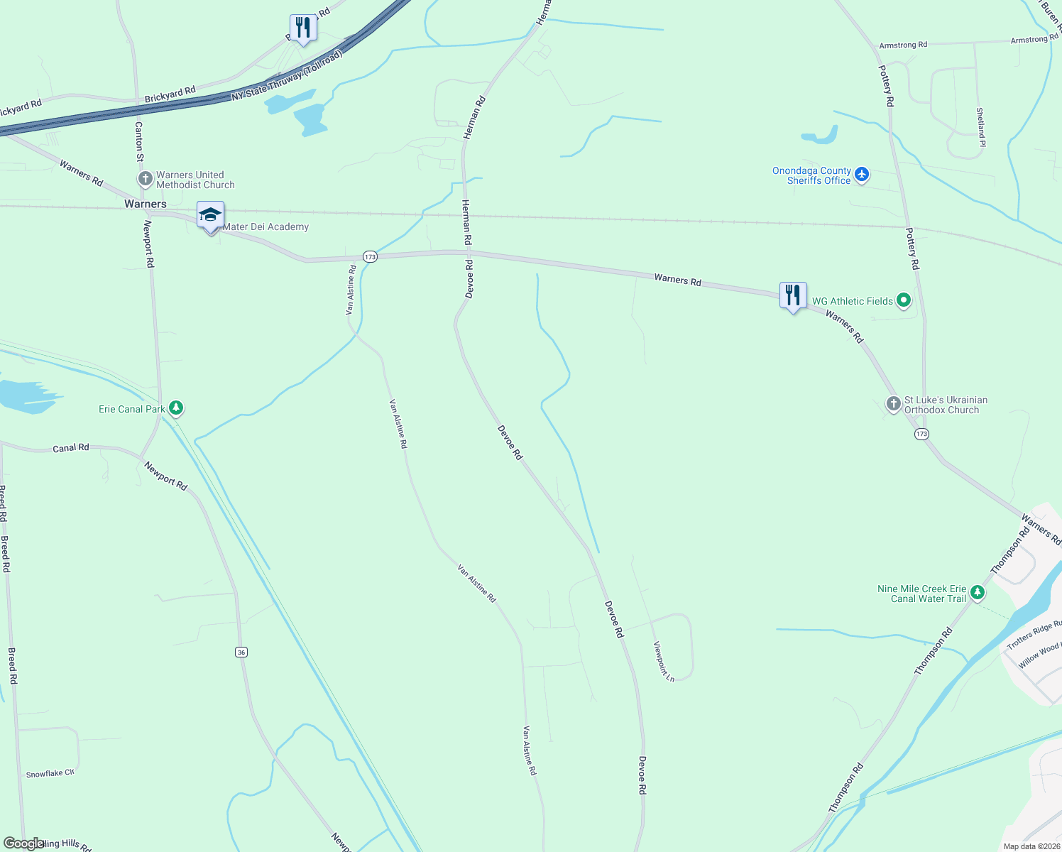map of restaurants, bars, coffee shops, grocery stores, and more near 6284 Devoe Road in Camillus