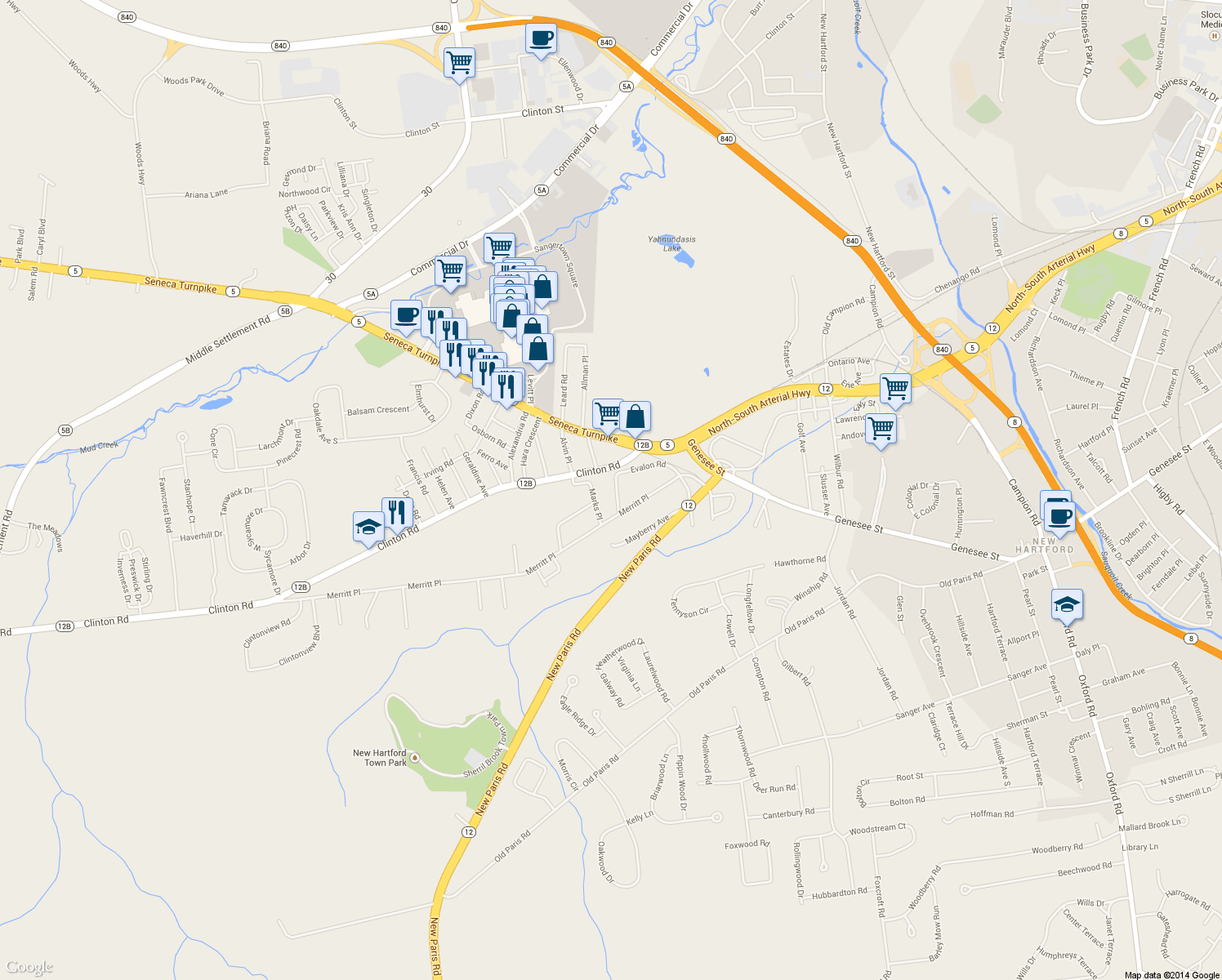 map of restaurants, bars, coffee shops, grocery stores, and more near 36 Evalon Rd in New Hartford