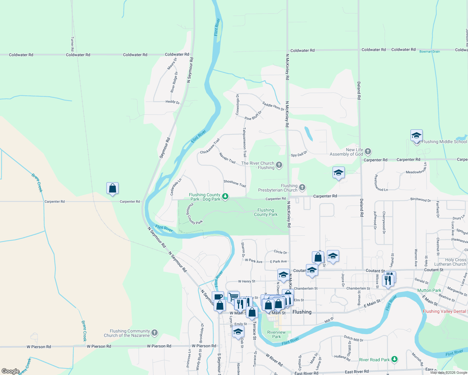 map of restaurants, bars, coffee shops, grocery stores, and more near 9197 Shoshone Trail in Flushing