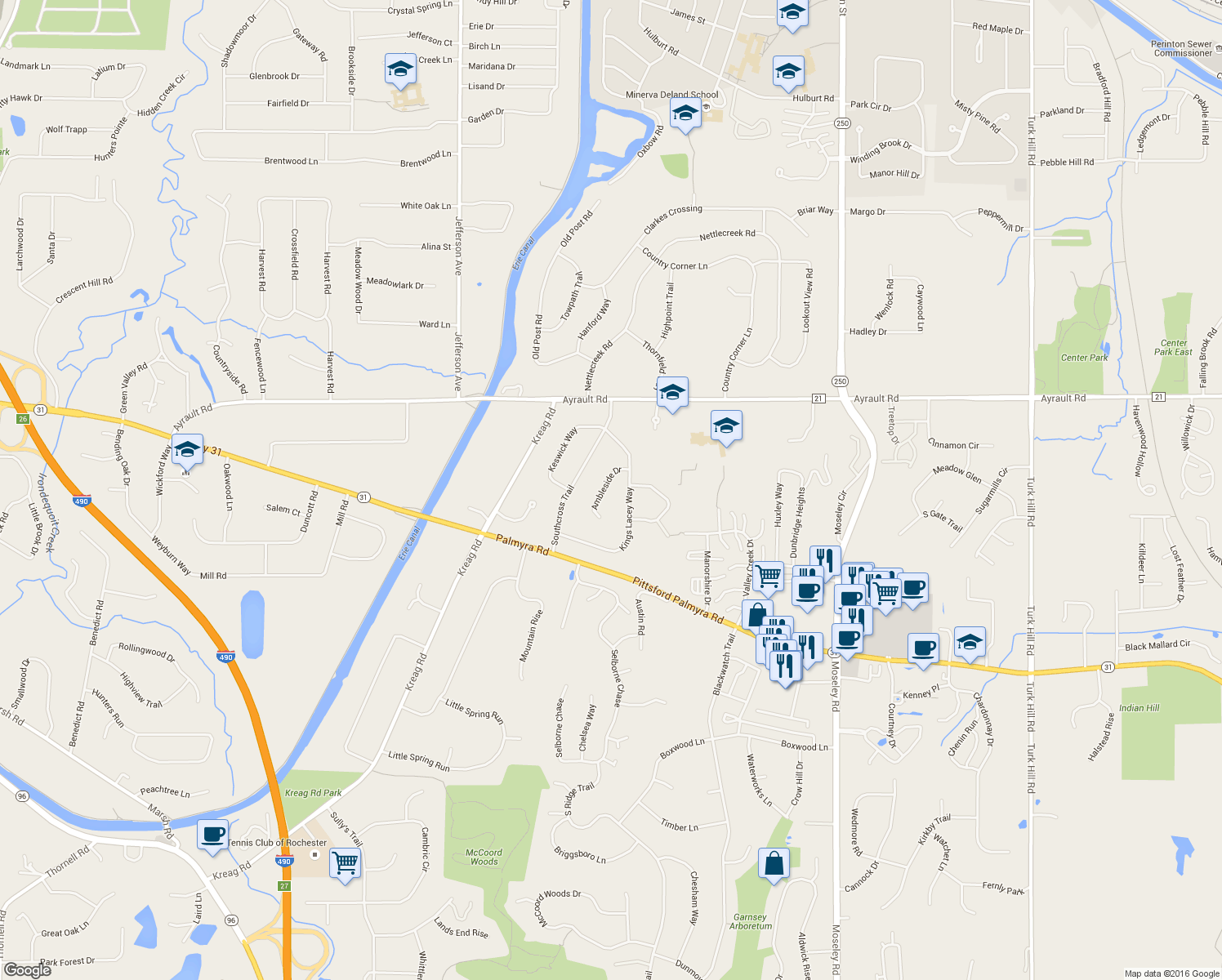 map of restaurants, bars, coffee shops, grocery stores, and more near 12 Ambleside Drive in Fairport