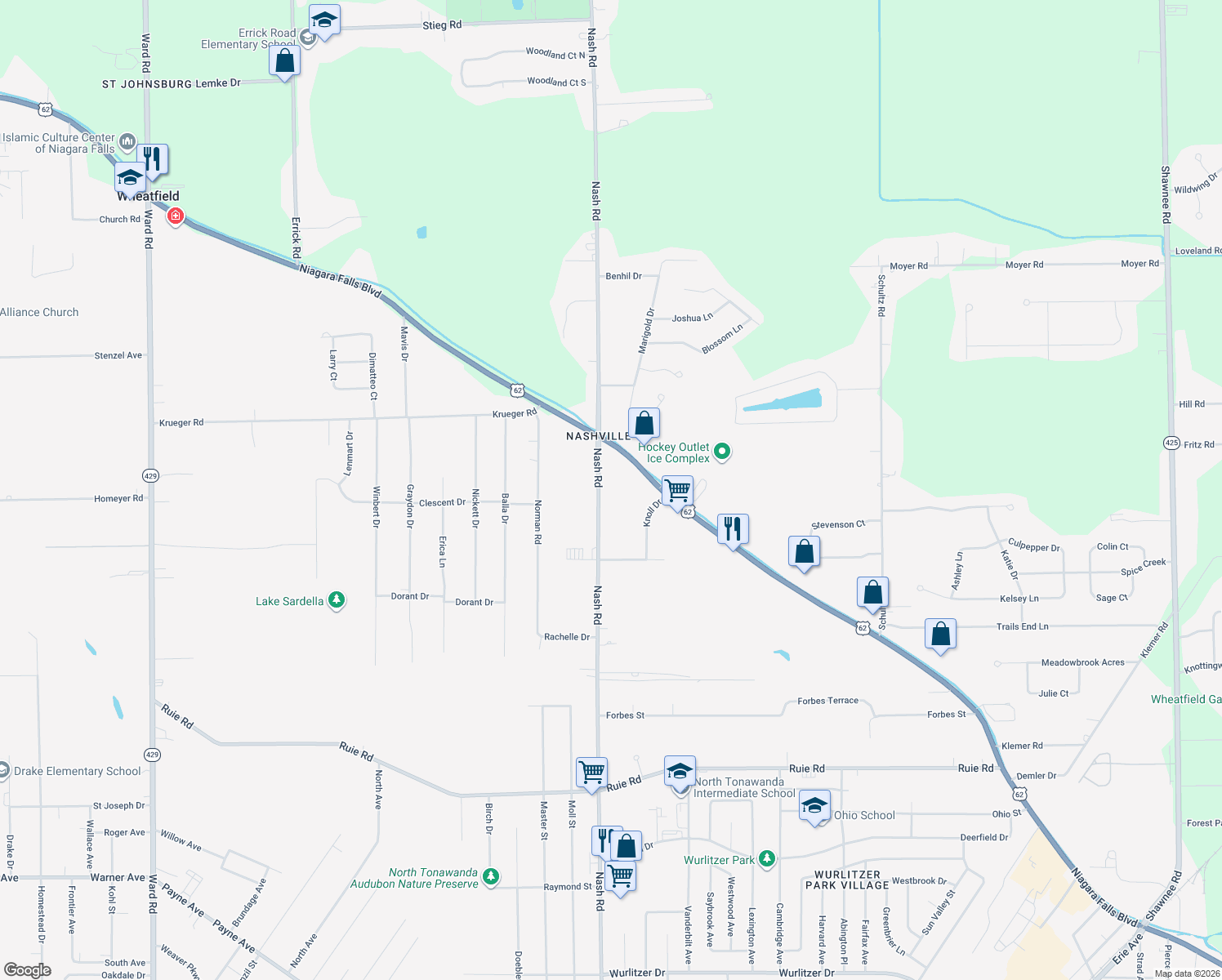 map of restaurants, bars, coffee shops, grocery stores, and more near 7233 Nash Road in North Tonawanda