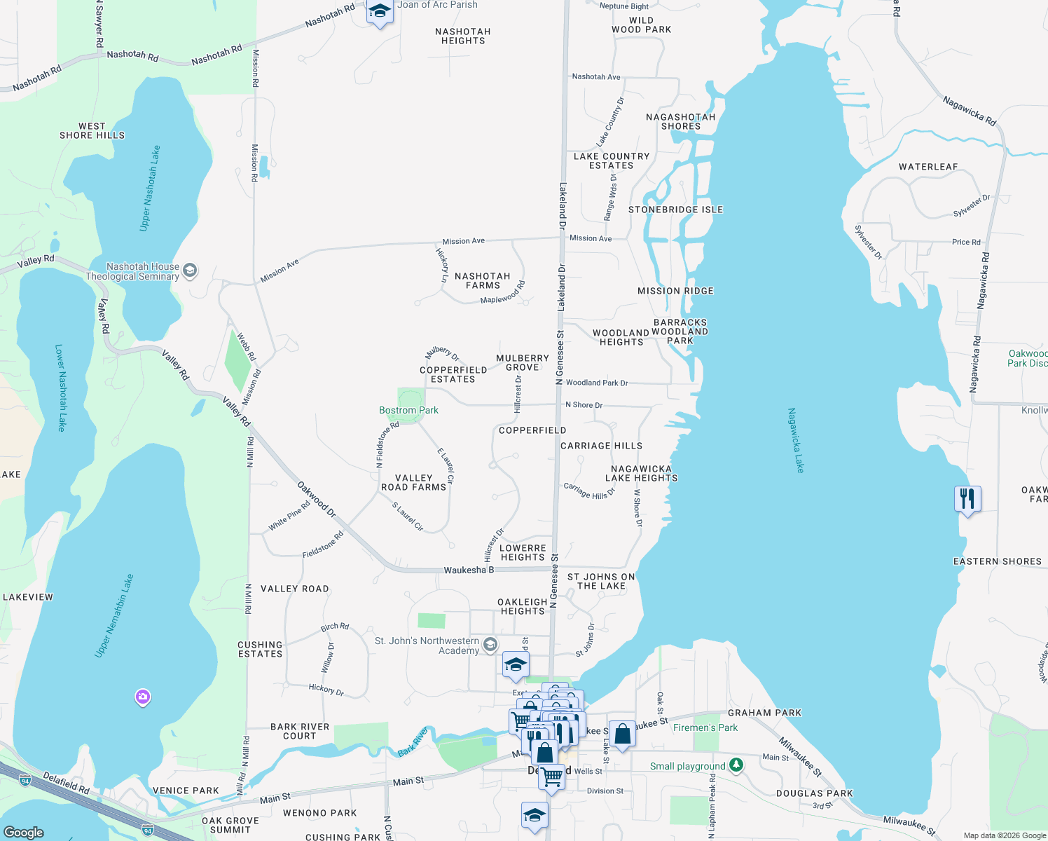 map of restaurants, bars, coffee shops, grocery stores, and more near 2192 Hillcrest Drive in Delafield