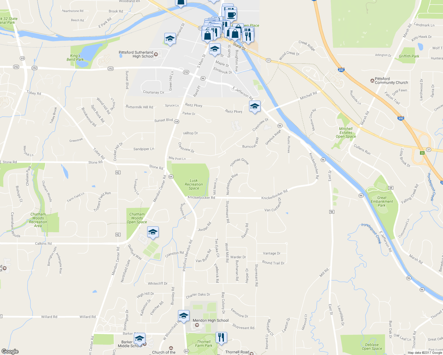 map of restaurants, bars, coffee shops, grocery stores, and more near 15 Mill Neck Lane in Pittsford