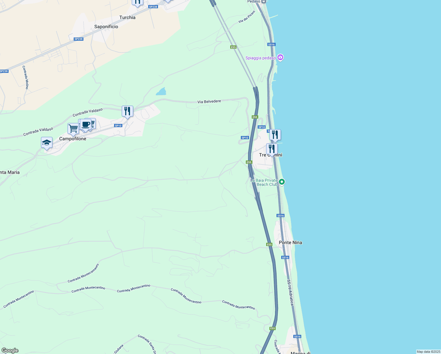 map of restaurants, bars, coffee shops, grocery stores, and more near 38 Contrada Marina in Provincia di Fermo