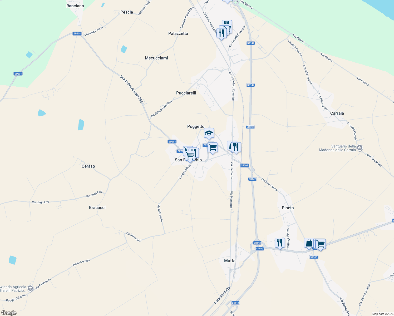 map of restaurants, bars, coffee shops, grocery stores, and more near 73 Via del Giglio in San Fatucchio