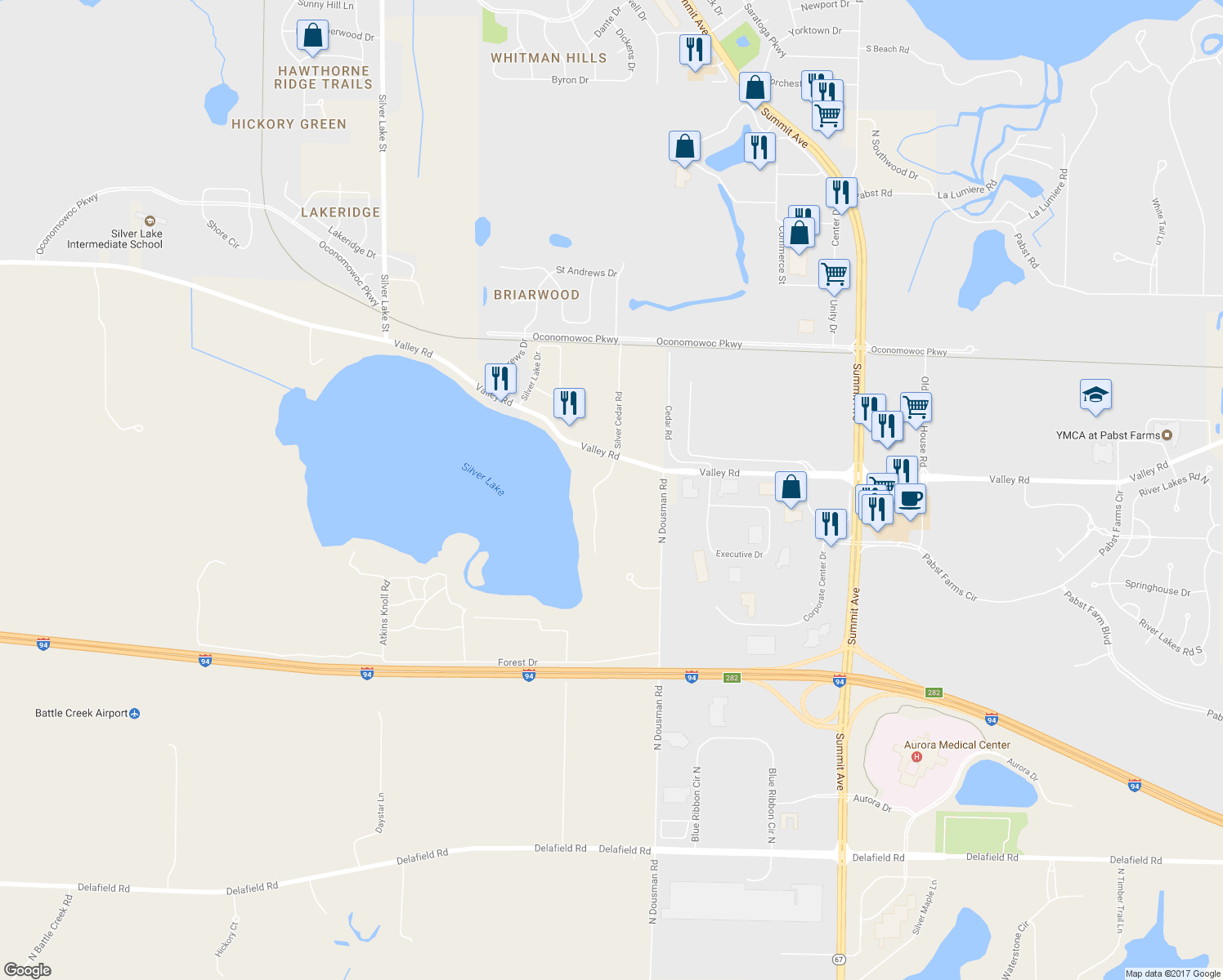 map of restaurants, bars, coffee shops, grocery stores, and more near 37103 Valley Road in Oconomowoc