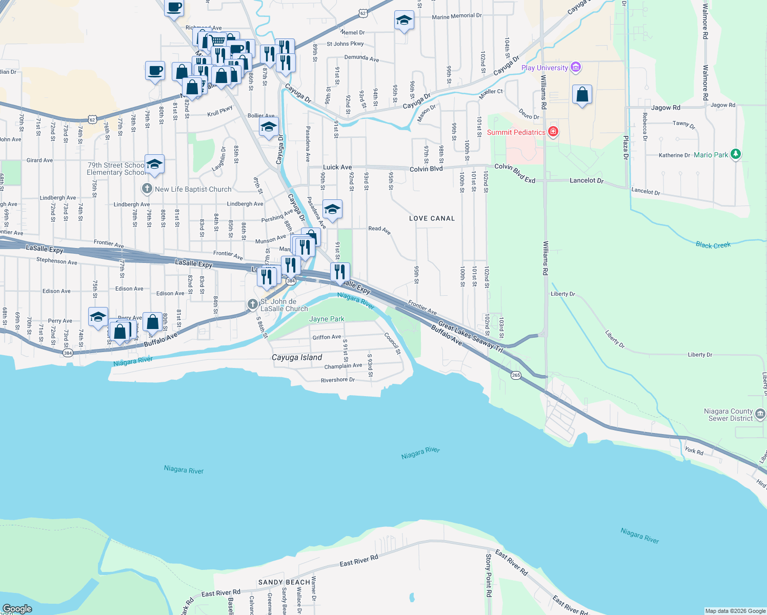 map of restaurants, bars, coffee shops, grocery stores, and more near 9343 Buffalo Avenue in Niagara Falls