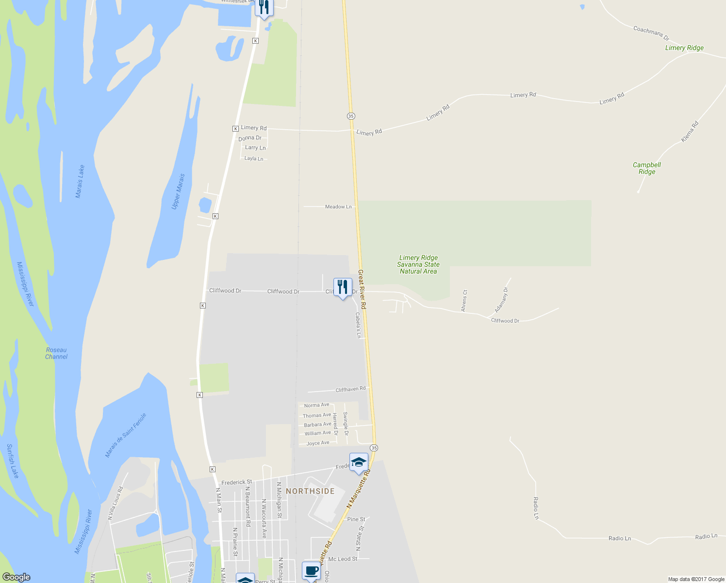 map of restaurants, bars, coffee shops, grocery stores, and more near 63504 Cliffwood Drive in Prairie du Chien