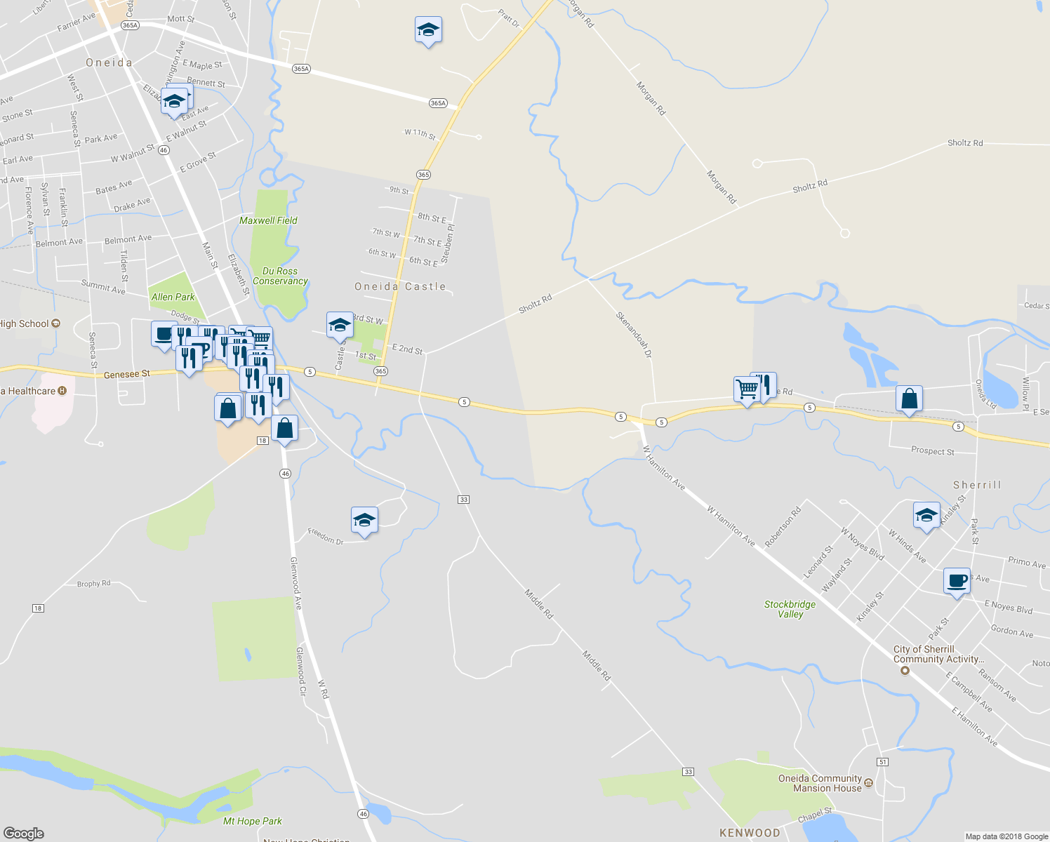 map of restaurants, bars, coffee shops, grocery stores, and more near 120 Seneca Avenue in Oneida