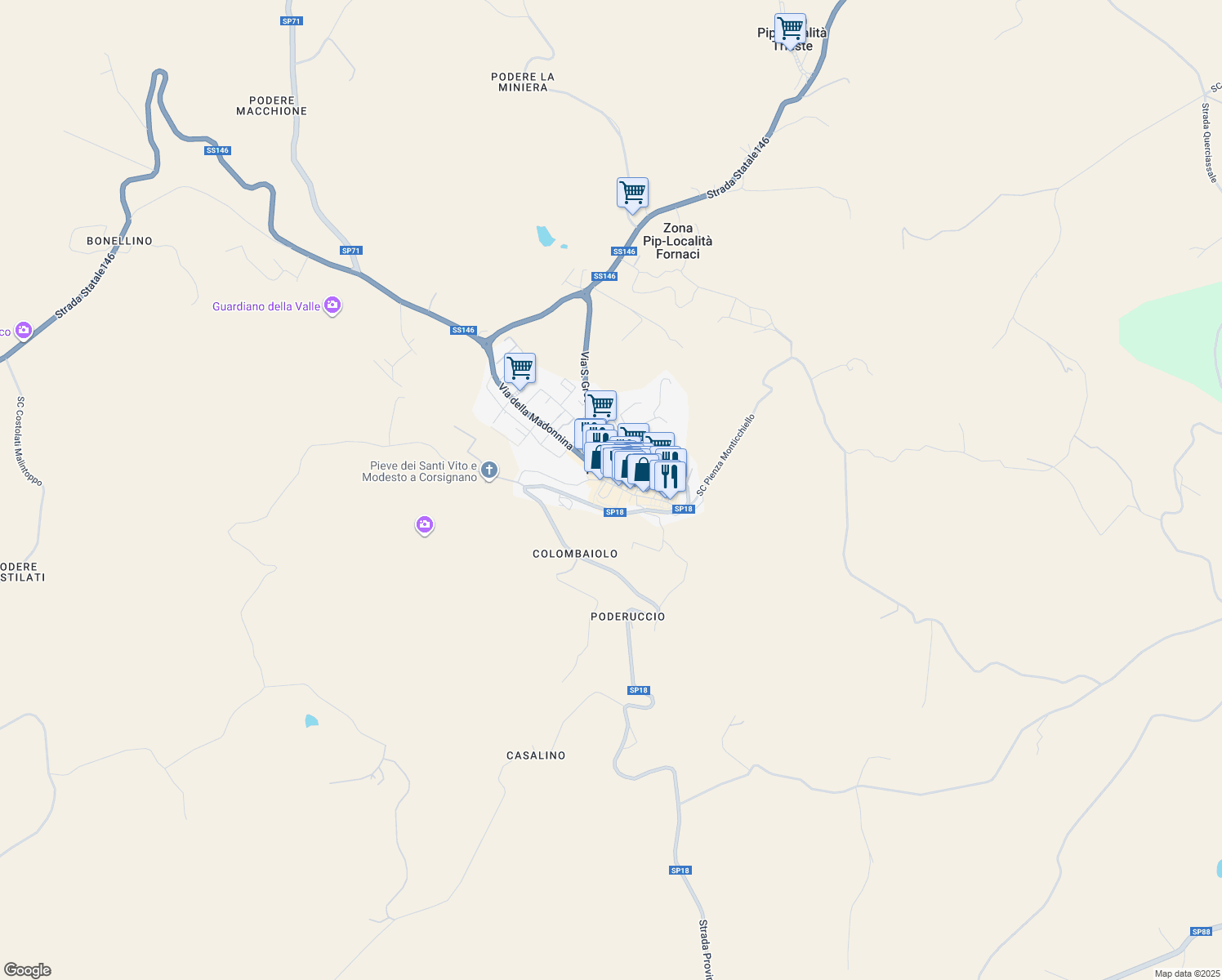 map of restaurants, bars, coffee shops, grocery stores, and more near 10 Via Elisa in Pienza
