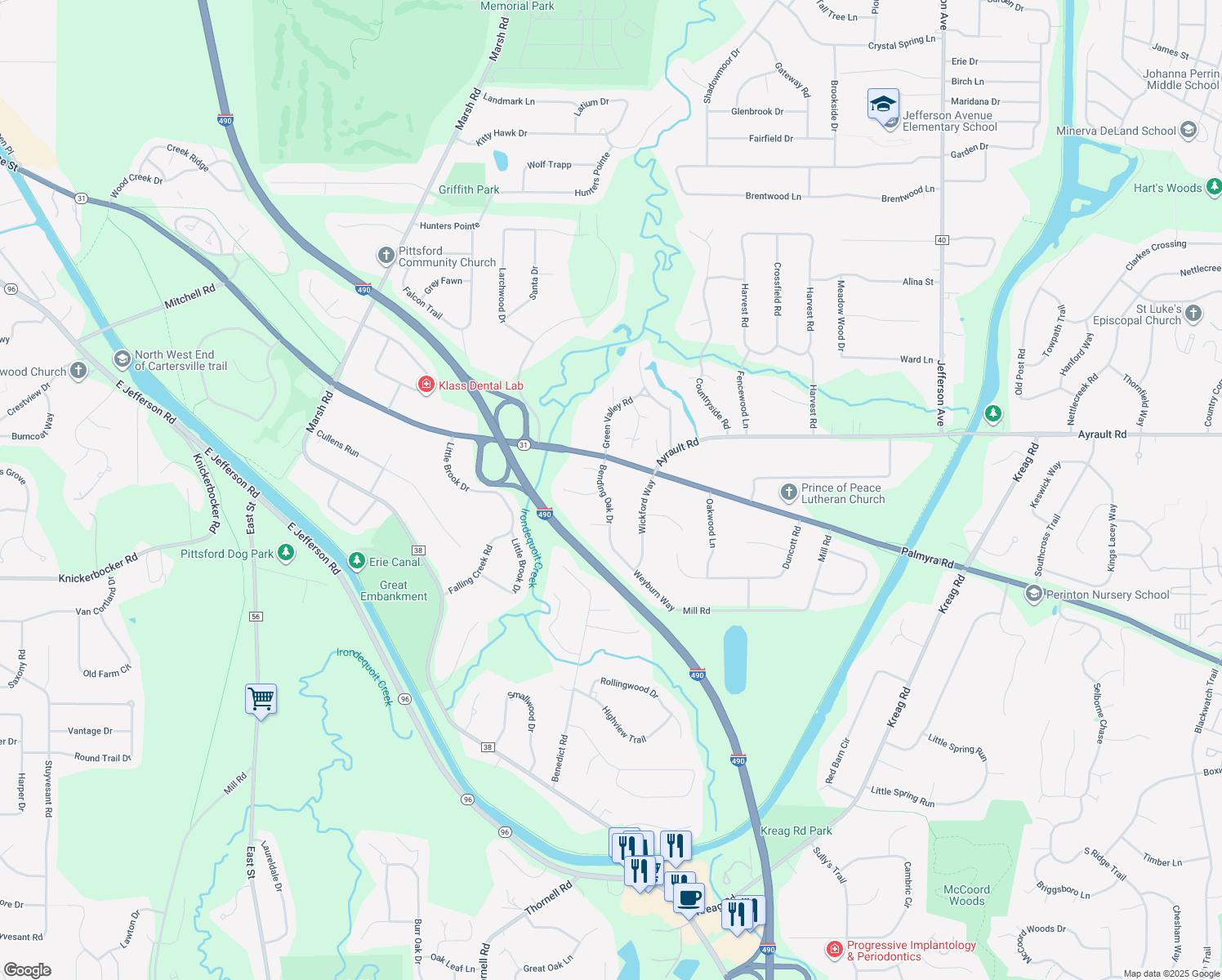 map of restaurants, bars, coffee shops, grocery stores, and more near 46 Bending Oak Dr in Pittsford
