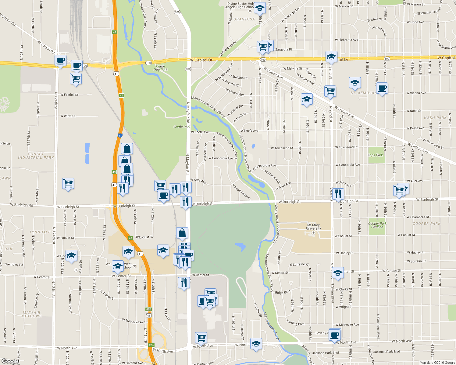 map of restaurants, bars, coffee shops, grocery stores, and more near 3205 North Knoll Terrace in Wauwatosa