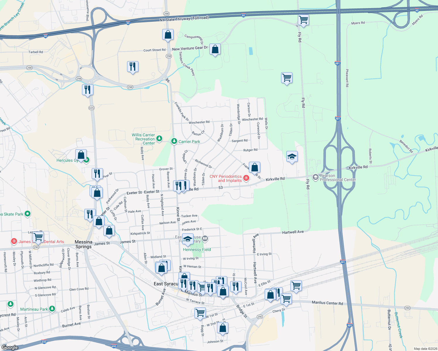 map of restaurants, bars, coffee shops, grocery stores, and more near 113 Longwood Dr in East Syracuse