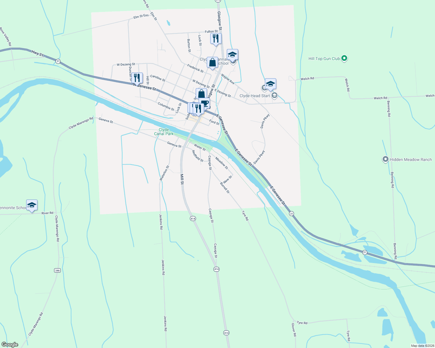 map of restaurants, bars, coffee shops, grocery stores, and more near 30 Burrell Street in Clyde