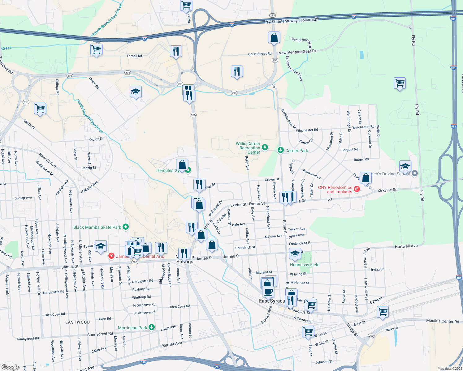 map of restaurants, bars, coffee shops, grocery stores, and more near 32 Grover St in East Syracuse