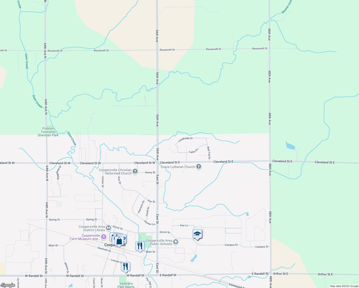 map of restaurants, bars, coffee shops, grocery stores, and more near 148 Creekside Dr in Coopersville