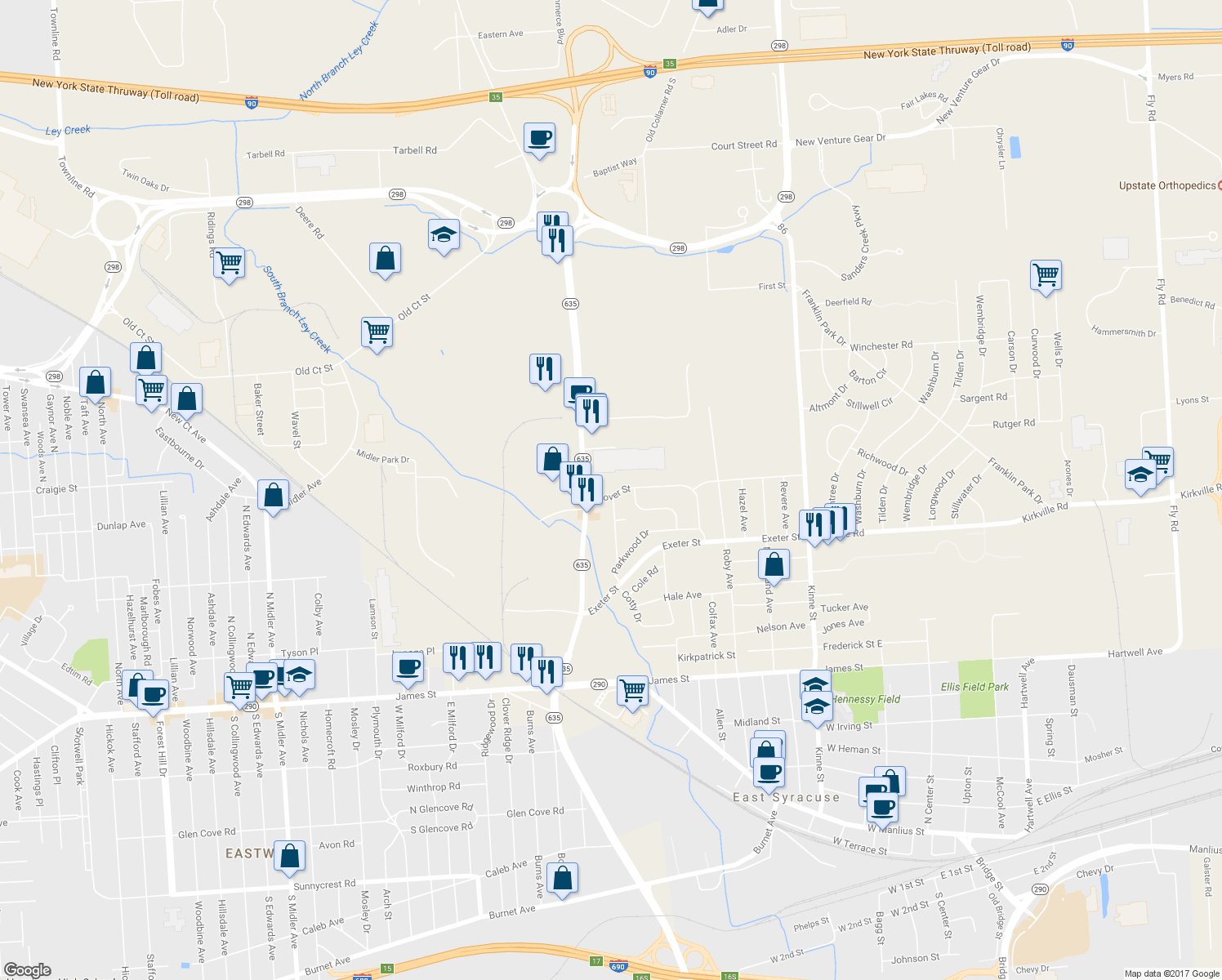 map of restaurants, bars, coffee shops, grocery stores, and more near 5 Grover Street in East Syracuse