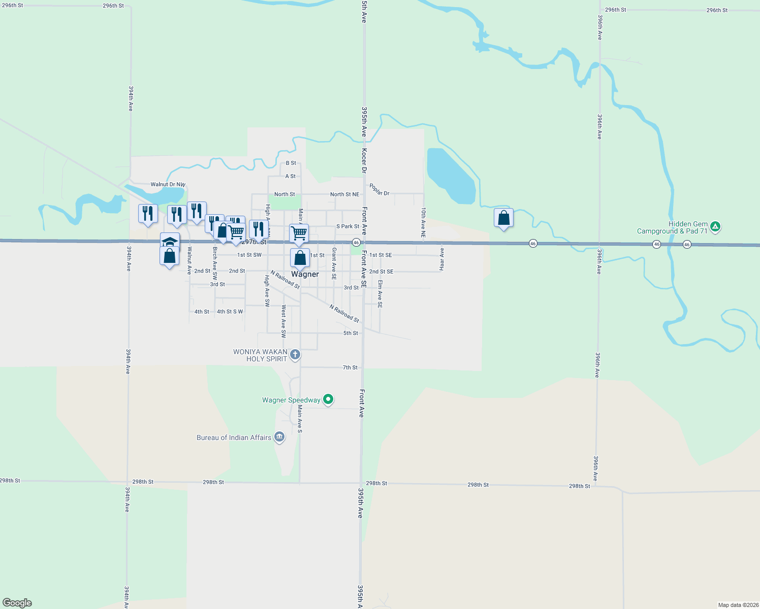 map of restaurants, bars, coffee shops, grocery stores, and more near 415 Elm Ave SE in Wagner