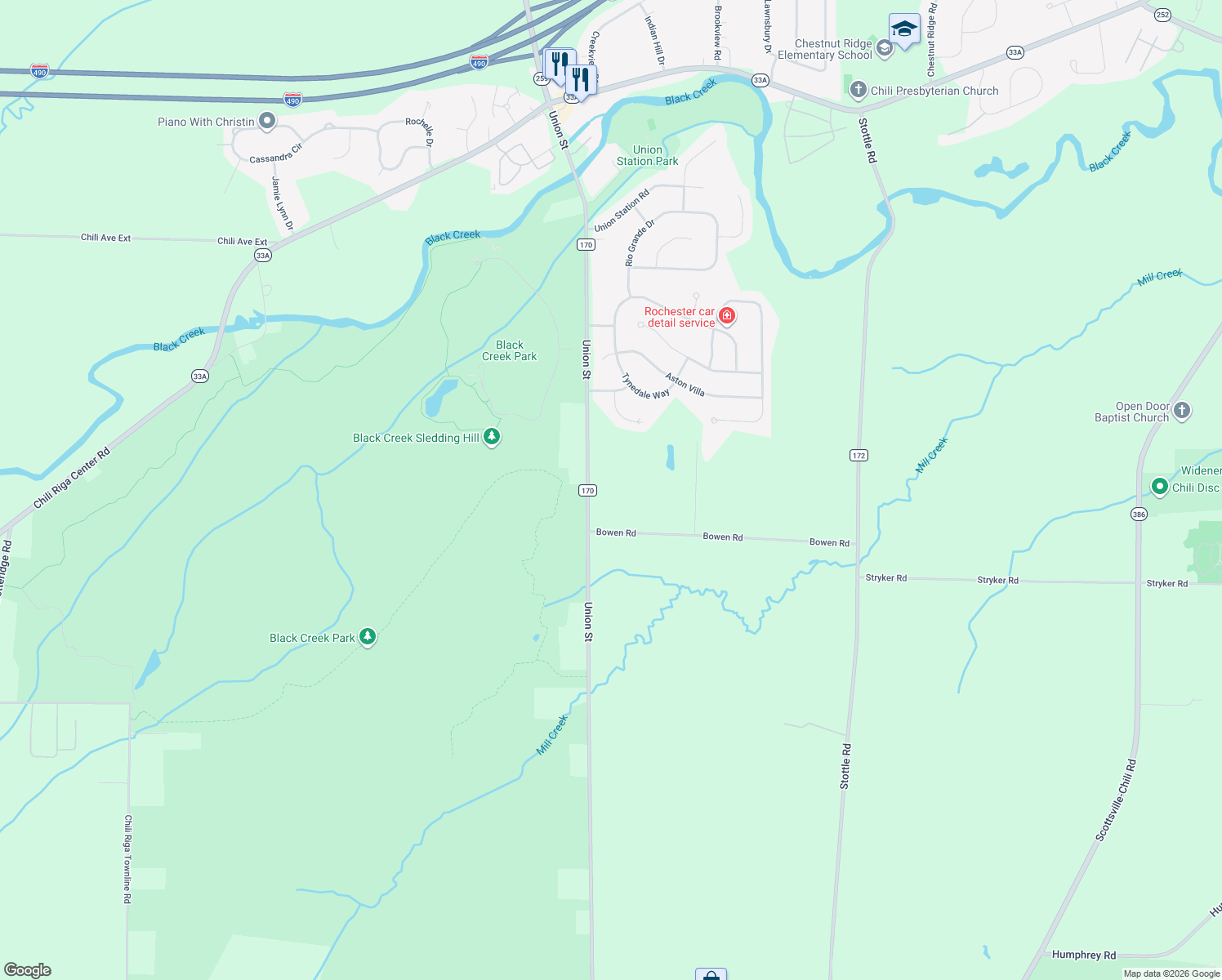 map of restaurants, bars, coffee shops, grocery stores, and more near 3876 Union Street in North Chili
