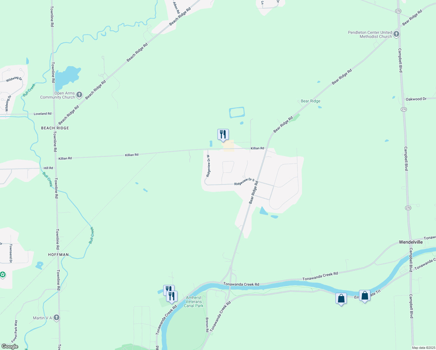 map of restaurants, bars, coffee shops, grocery stores, and more near 7280 Edgewater Circle in North Tonawanda