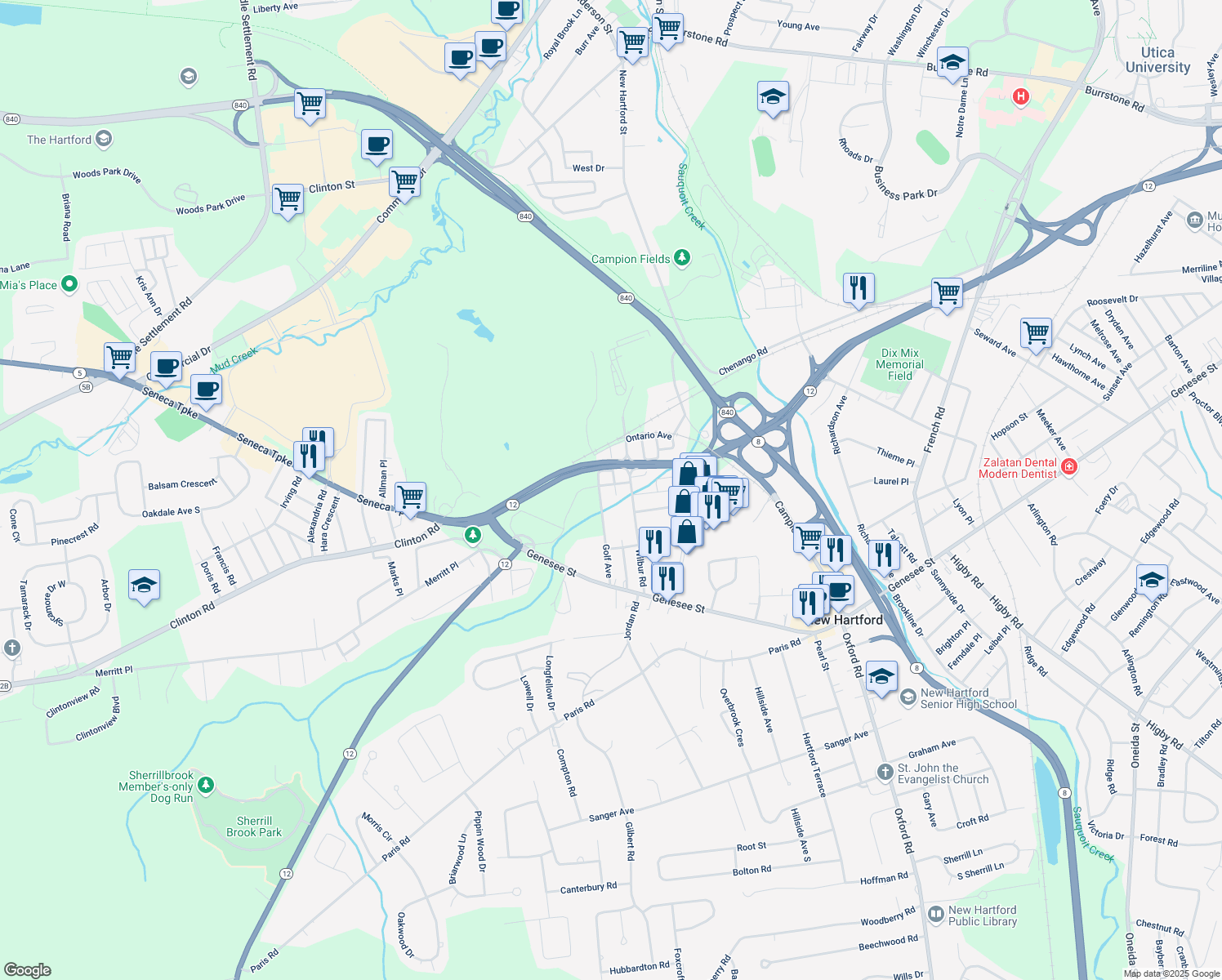 map of restaurants, bars, coffee shops, grocery stores, and more near 10 Esmeralda Ave in New Hartford