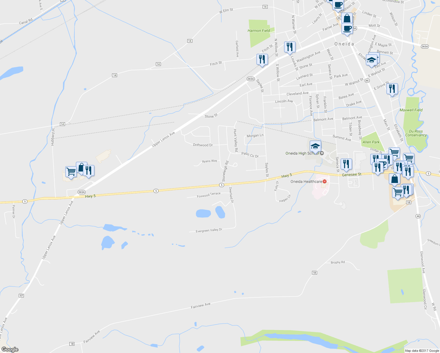 map of restaurants, bars, coffee shops, grocery stores, and more near 588 Stoneleigh Road in Oneida