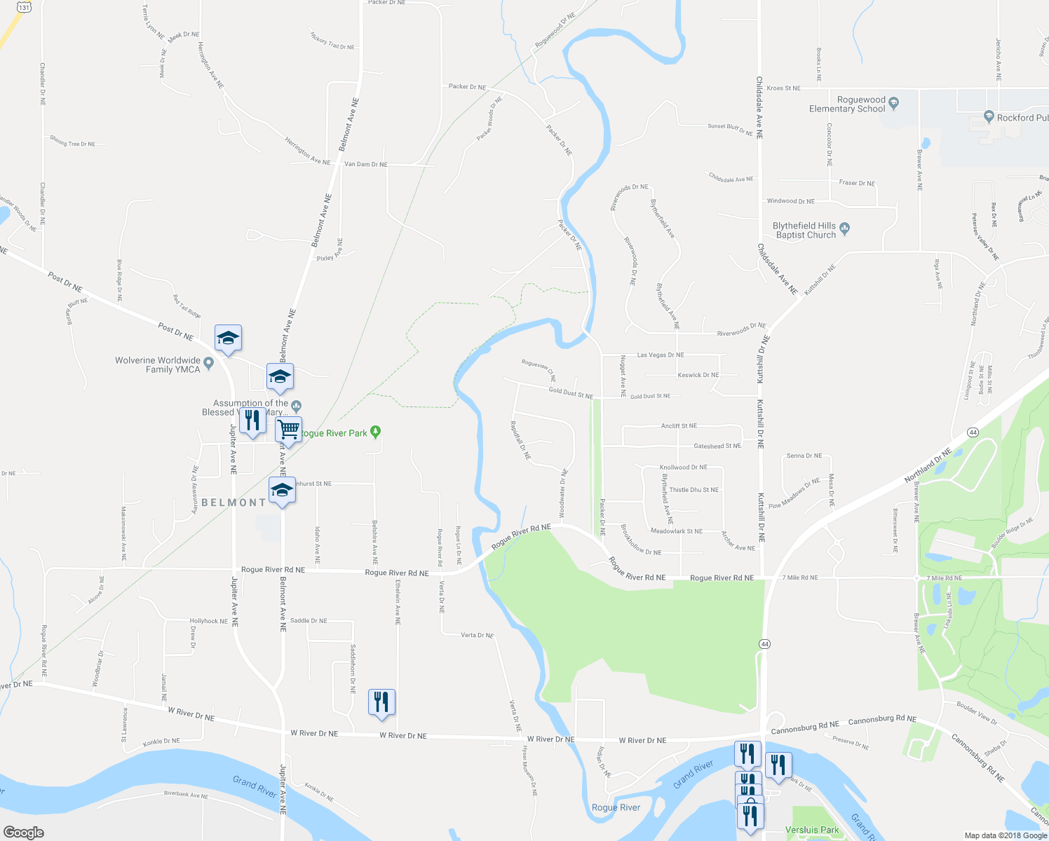 map of restaurants, bars, coffee shops, grocery stores, and more near 6391 Woodwater Drive Northeast in Plainfield charter Township